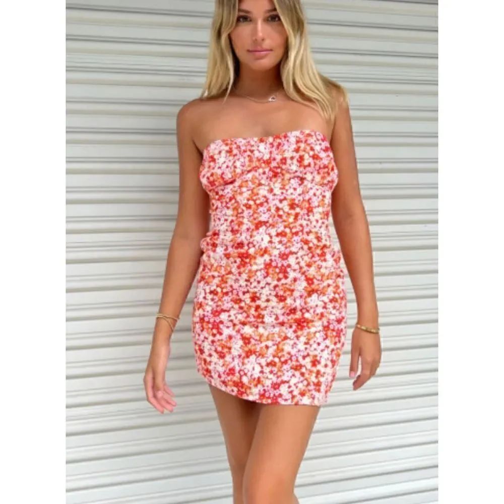Sky to moon women’s strapless, a pop of floral mini dress size